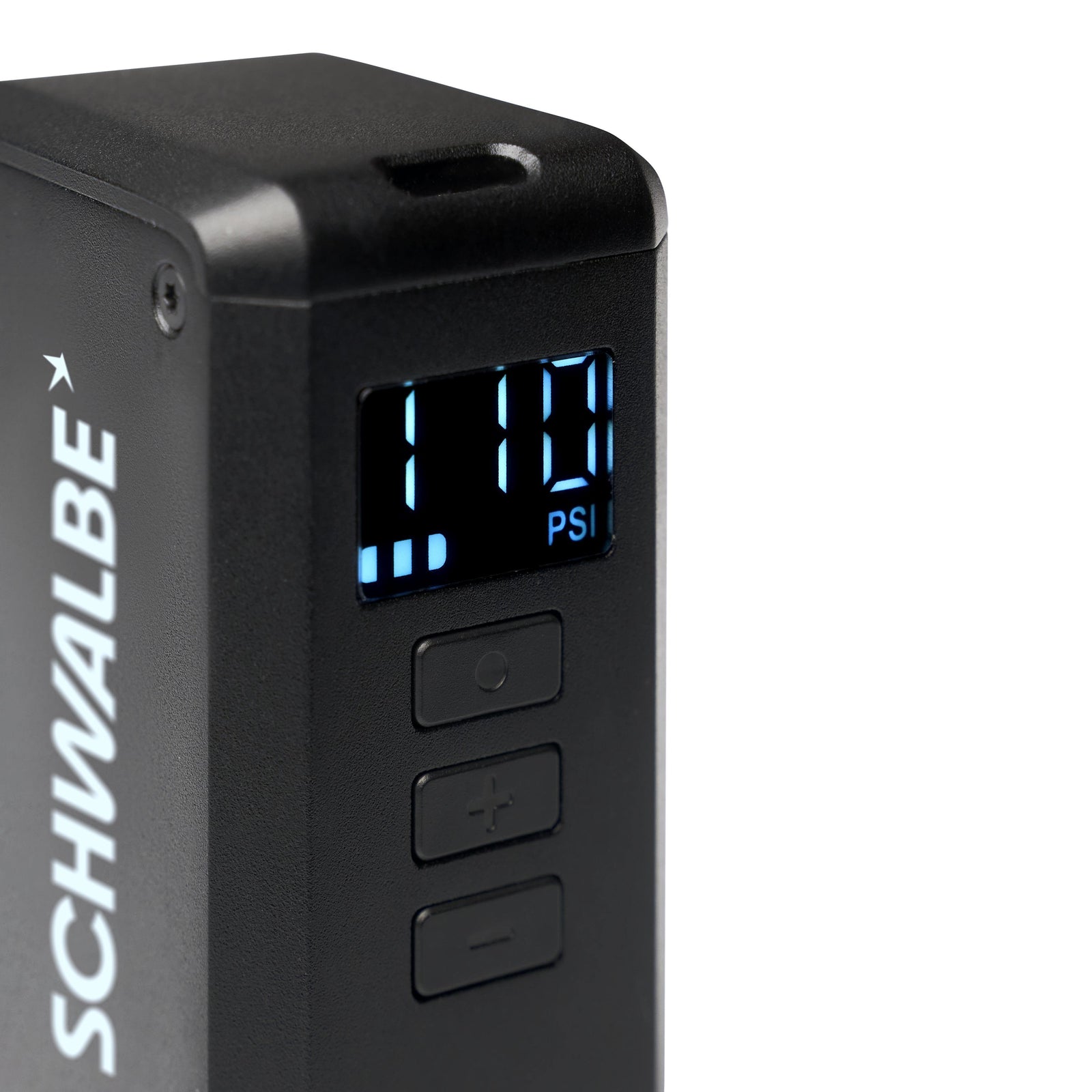 Schwalbe E-Micro Pump mit digitaler Druckanzeige und einem maximalen Luftdruck von 8,3 bar.