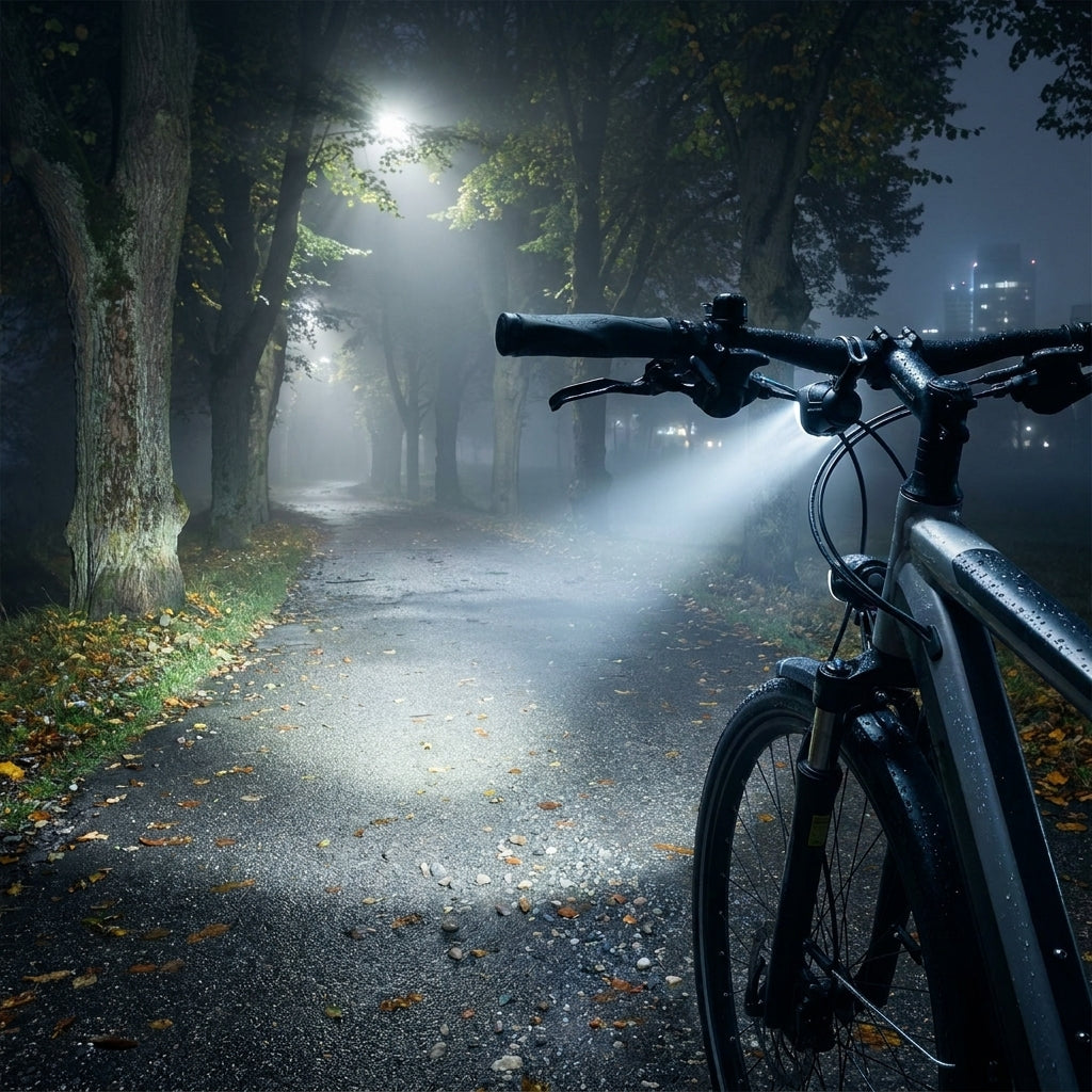 Busch&Müller Lumotec IQ Avy N plus LED-Fahrradscheinwerfer beleuchtet nebligen, baumbestandenen Weg bei Nacht.