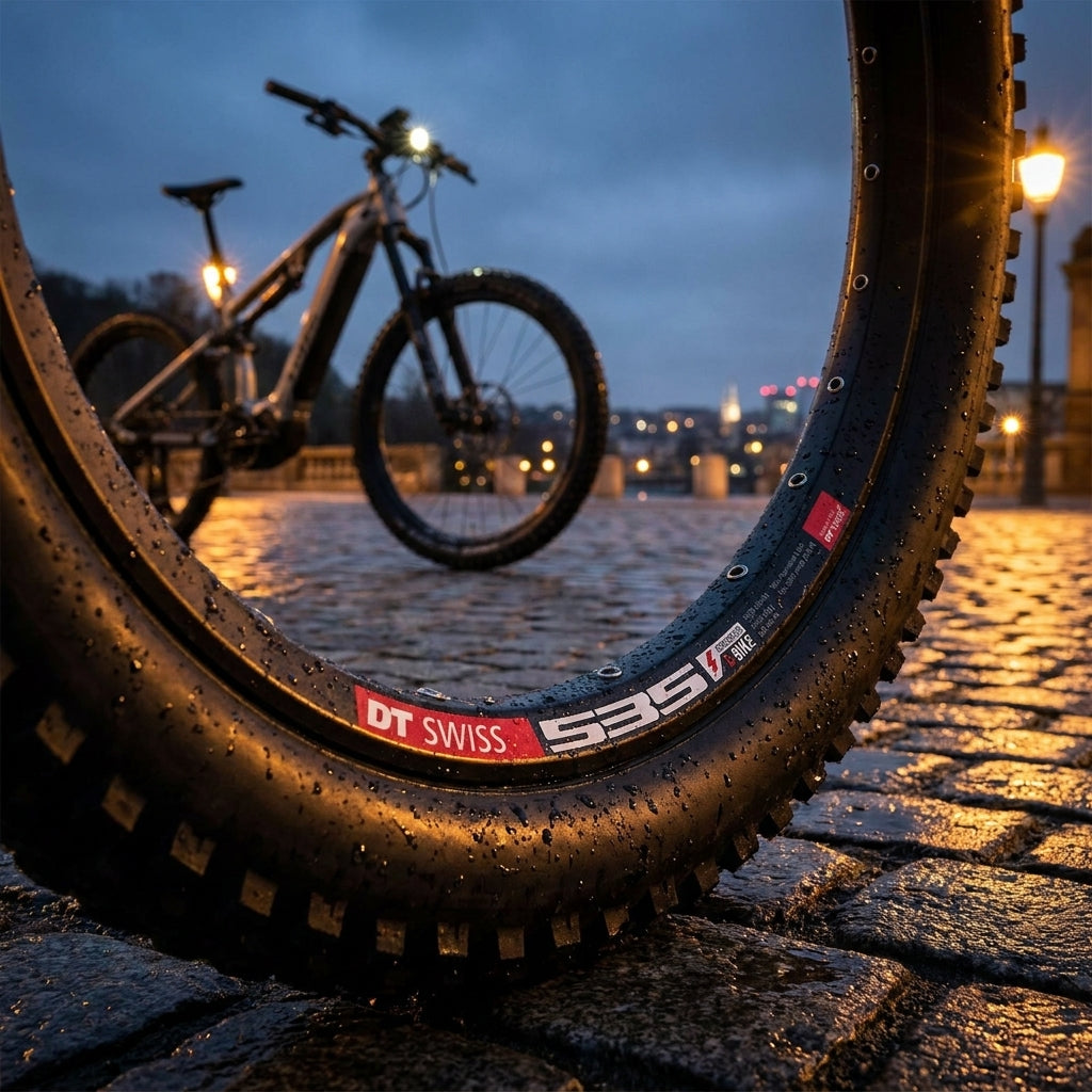 DT Swiss Felge 535 26" schwarz, extrastabile E-Bike-Felge auf E-Mountainbike bei Nacht auf nassem Kopfsteinpflaster.