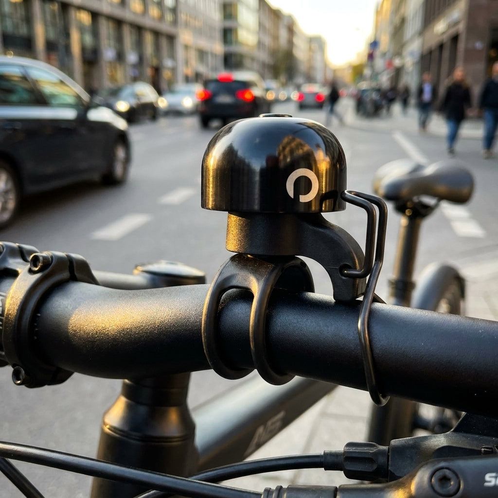 Procraft DIN-Dong Ultimate Fahrradklingel schwarz, laut und stilvoll am Lenker in der Stadt montiert.