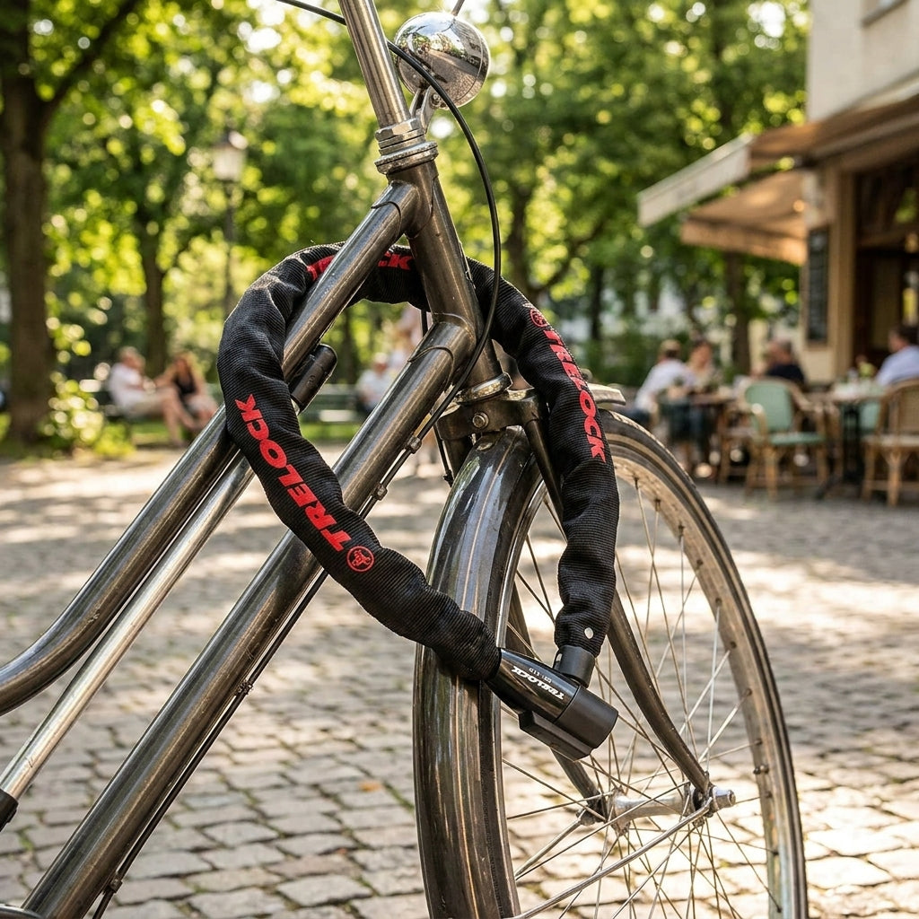 Schwarzes Trelock Kettenschloss BC 115/60/4 sichert Fahrrad im Park.