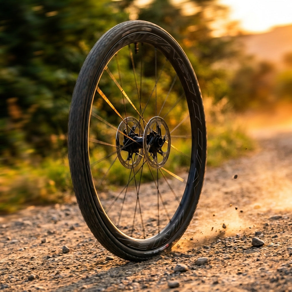 Easton EC90 AX Disc leichtes Carbon-Hinterrad 700C schwarz auf staubigem Schotterweg bei Sonnenuntergang.