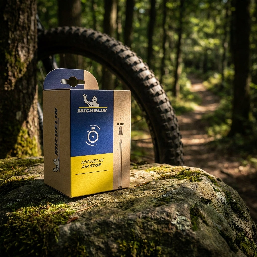 Michelin Schlauch B4 Airstop 27.5x1.85-2.40" Box auf moosbewachsenem Felsen im Wald, Fahrradreifen im Hintergrund.