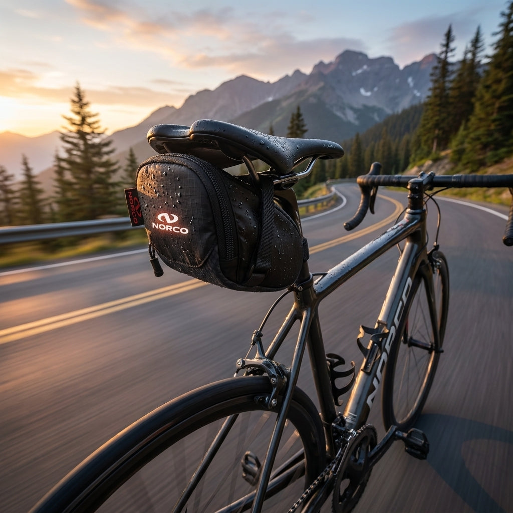 Norco Satteltasche Ohio Road schwarz am Rennrad mit Wassertropfen auf kurviger Bergstraße im Abendlicht.
