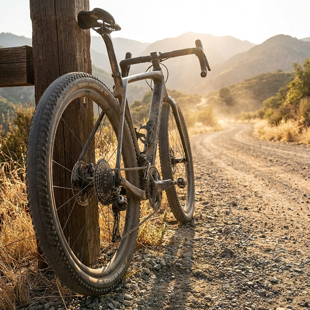Continental Terra Hardpack 27.5x2.00" schwarzer Reifen am Gravelbike auf staubiger Schotterstraße in der Natur.