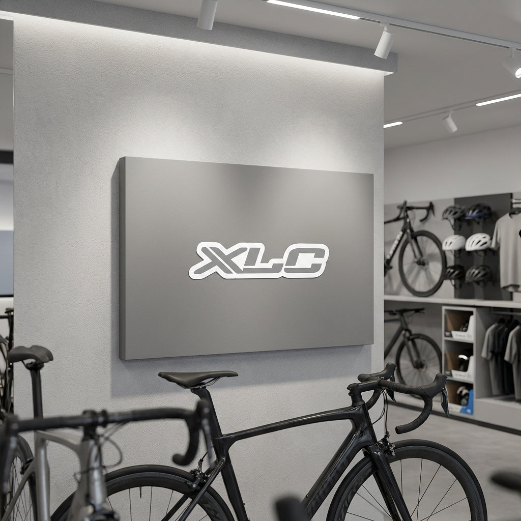 XLC Shopwand Aufkleber weiß grau 96,5x21cm für professionelles Fahrradladen Branding. Hochwertiges Logo für Ihre Verkaufsfläche.