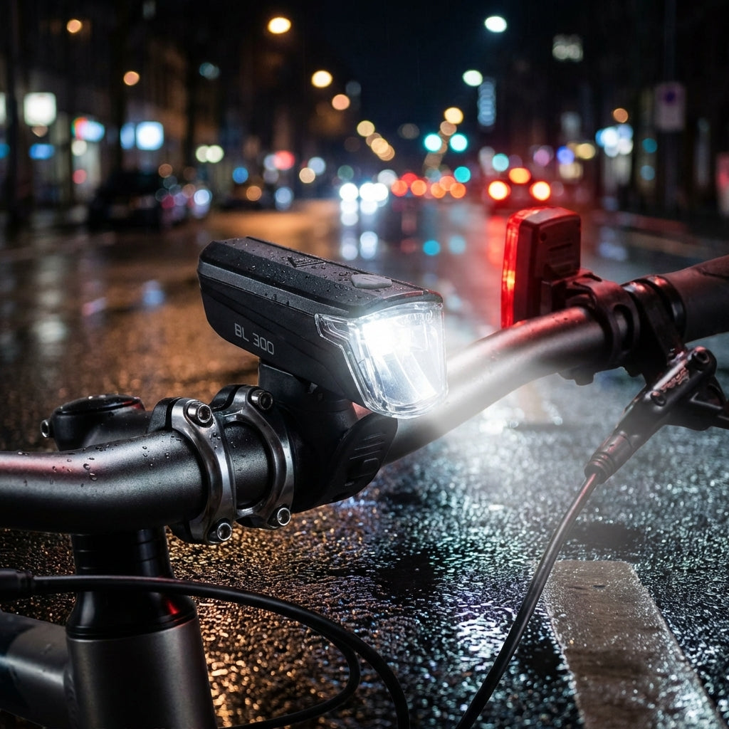 Büchel Lichtset BL 300 + Mini LED am Fahrradlenker bei Nacht auf nasser Straße, 30 Lux StVZO.