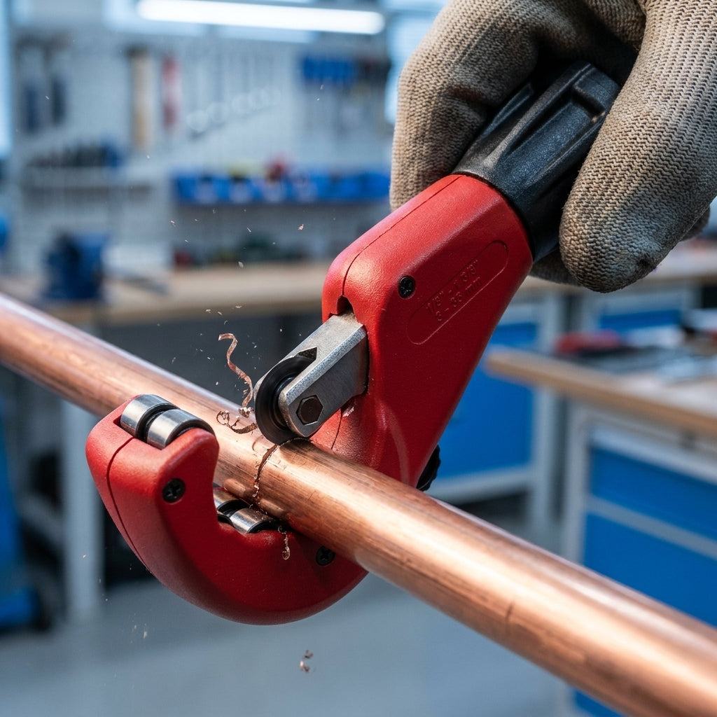 Unior Rohrabschneider 360/6A schneidet Kupferrohr. Rotes Werkzeug in behandschuhter Hand, Späne fliegen.