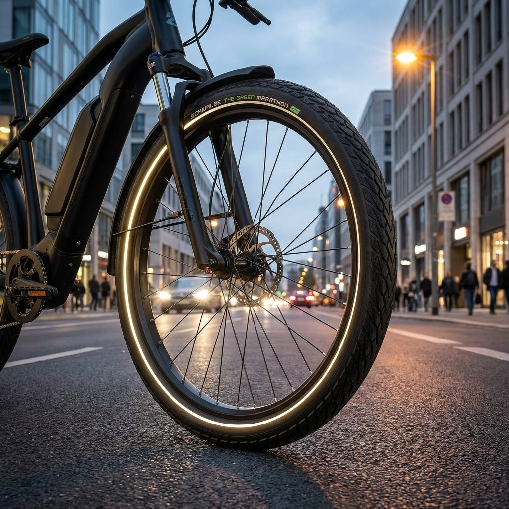 Schwalbe Marathon GreenGuard E-Bike-Reifen, pannensicher, mit Reflexstreifen für Sichtbarkeit in der Stadt.
