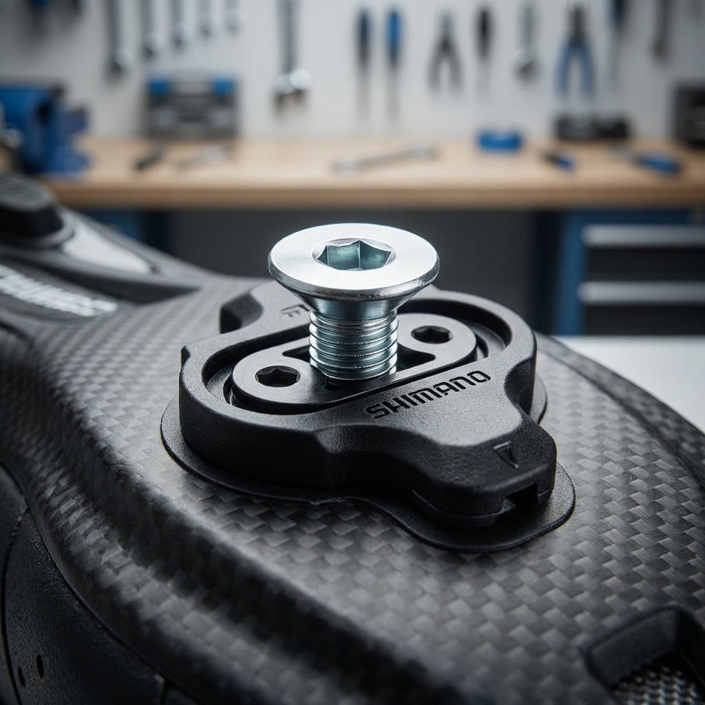 SHIMANO Schraube SPD Cleat SM-SH51, SM-SH56. Innensechskant auf Carbon-Fahrradschuh montiert.