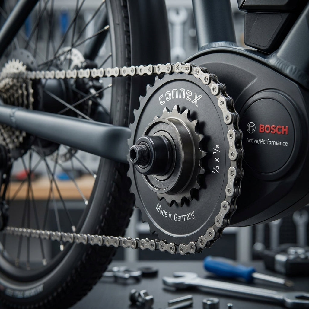 Connex E-Bike Ritzel 18 Zähne für Bosch Active/Performance Motor, Made in Germany, mit 1/2x1/8 Kette für optimale Kraftübertr