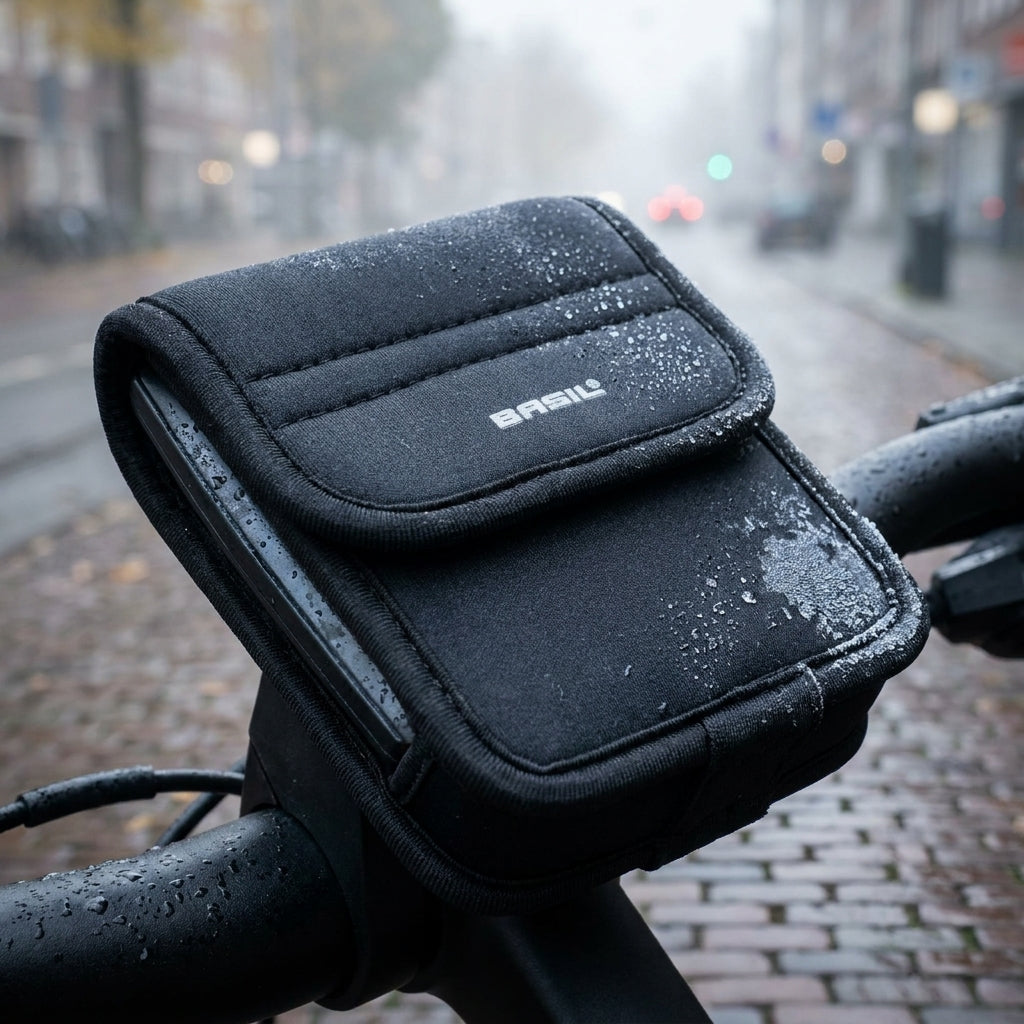 Wasserdichter Basil E-Bike Display Schutz für Bosch & Shimano-Steps am Fahrradlenker im Regen.