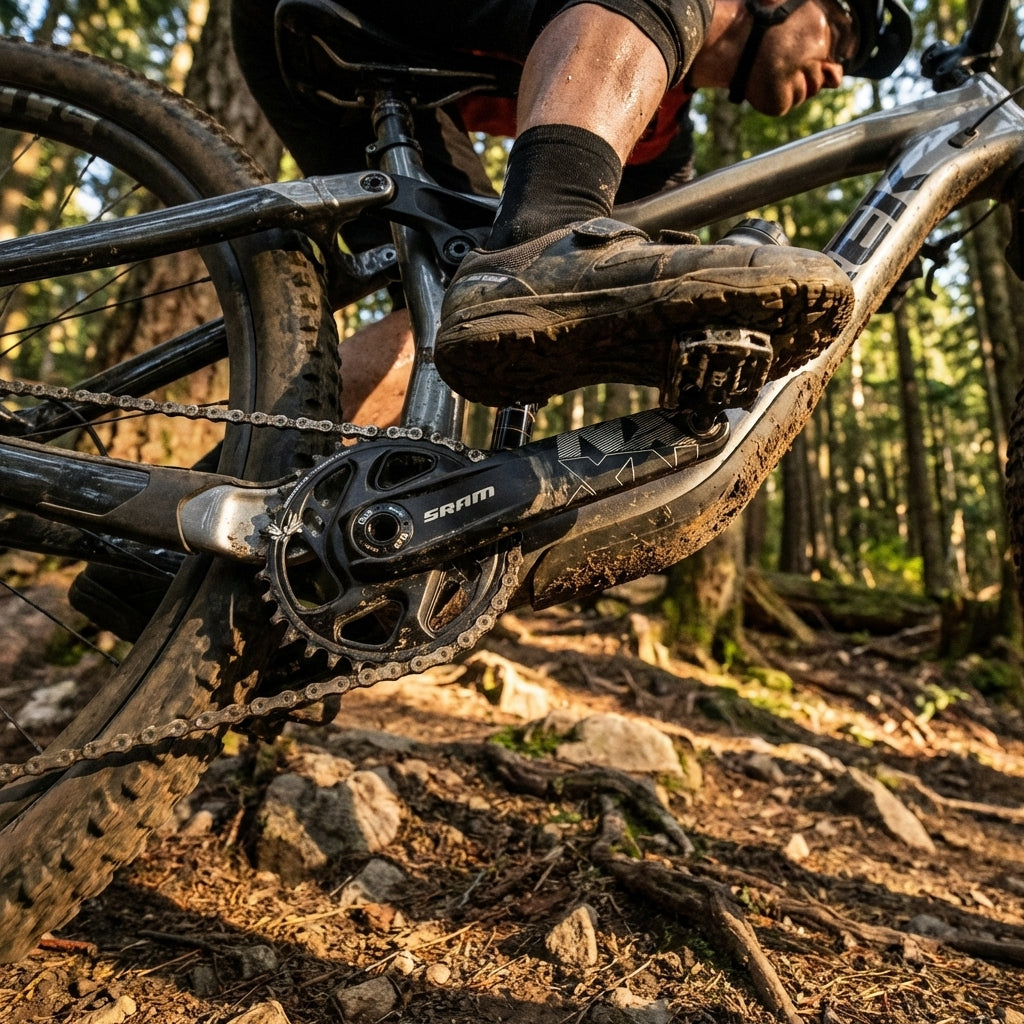 SRAM NX Eagle DUB FAT Kurbelgarnitur 1x12 am Mountainbike im Wald. Robuster MTB-Antrieb im Einsatz.