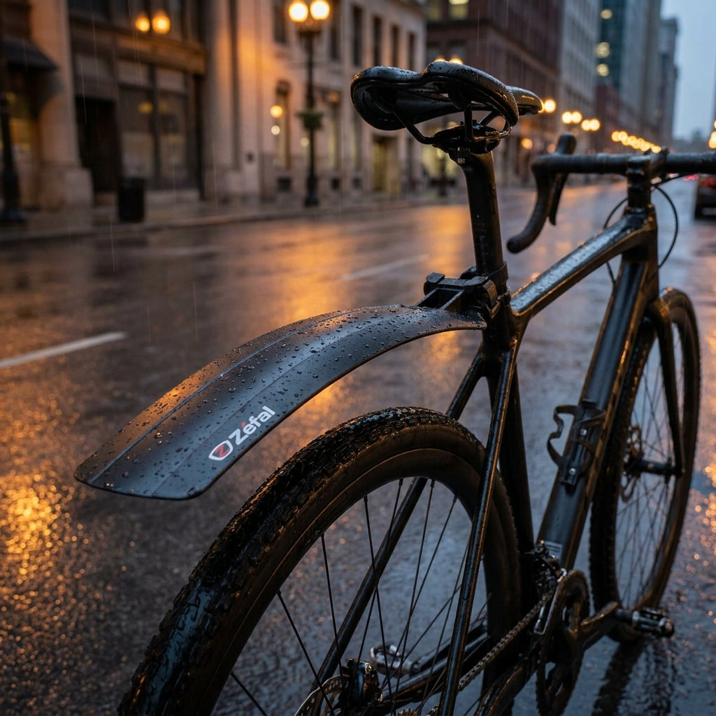 Zéfal HR Schutzblech Shield S10 schwarz am Rennrad im Regen auf nasser Straße.