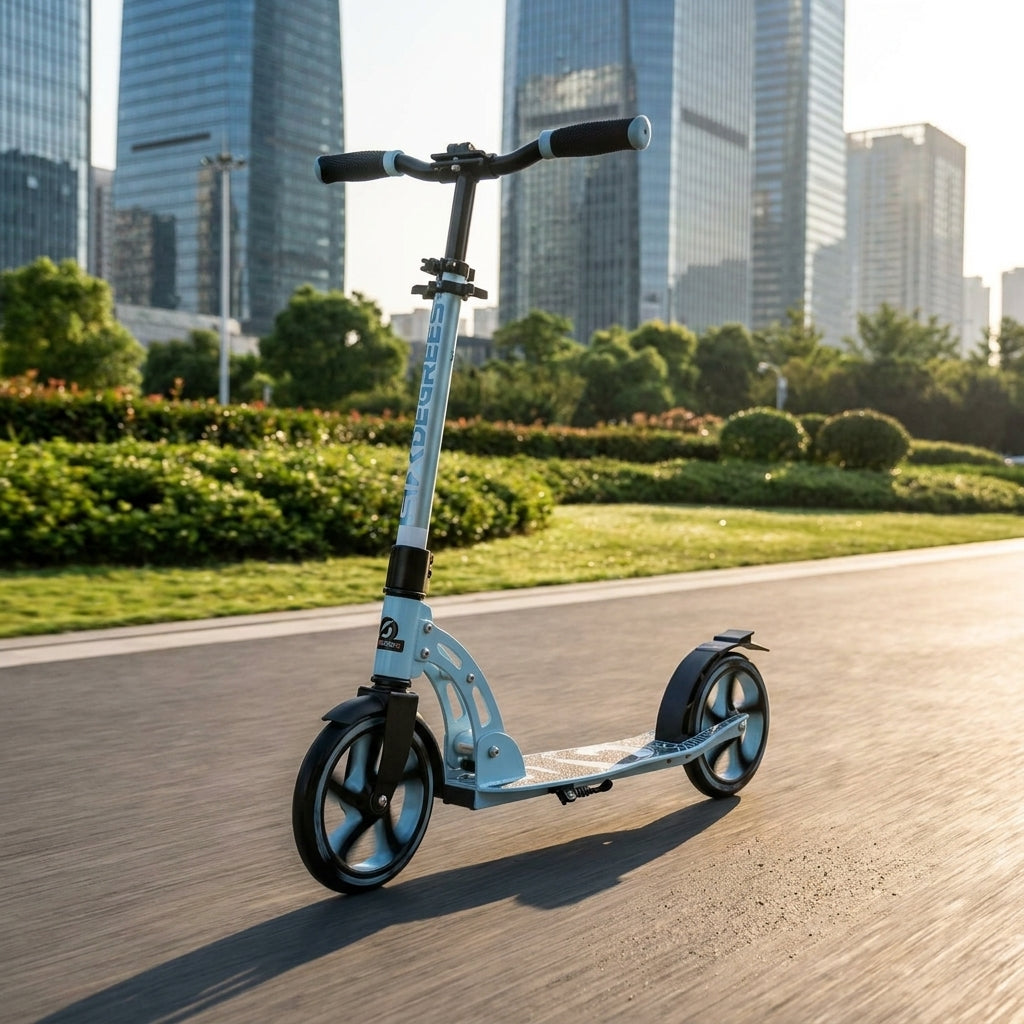 Pastell-blauer Six Degrees Aluminium Scooter 205mm auf Asphaltweg vor Stadtkulisse im Sonnenlicht.