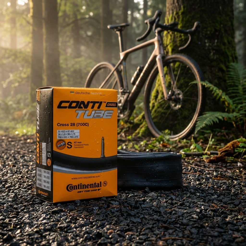 Continental Cross 28 Fahrradschlauch 32-622 bis 47-622 mit 42 mm SV Ventil für Gravel und Cross vor einem Rad im Wald.