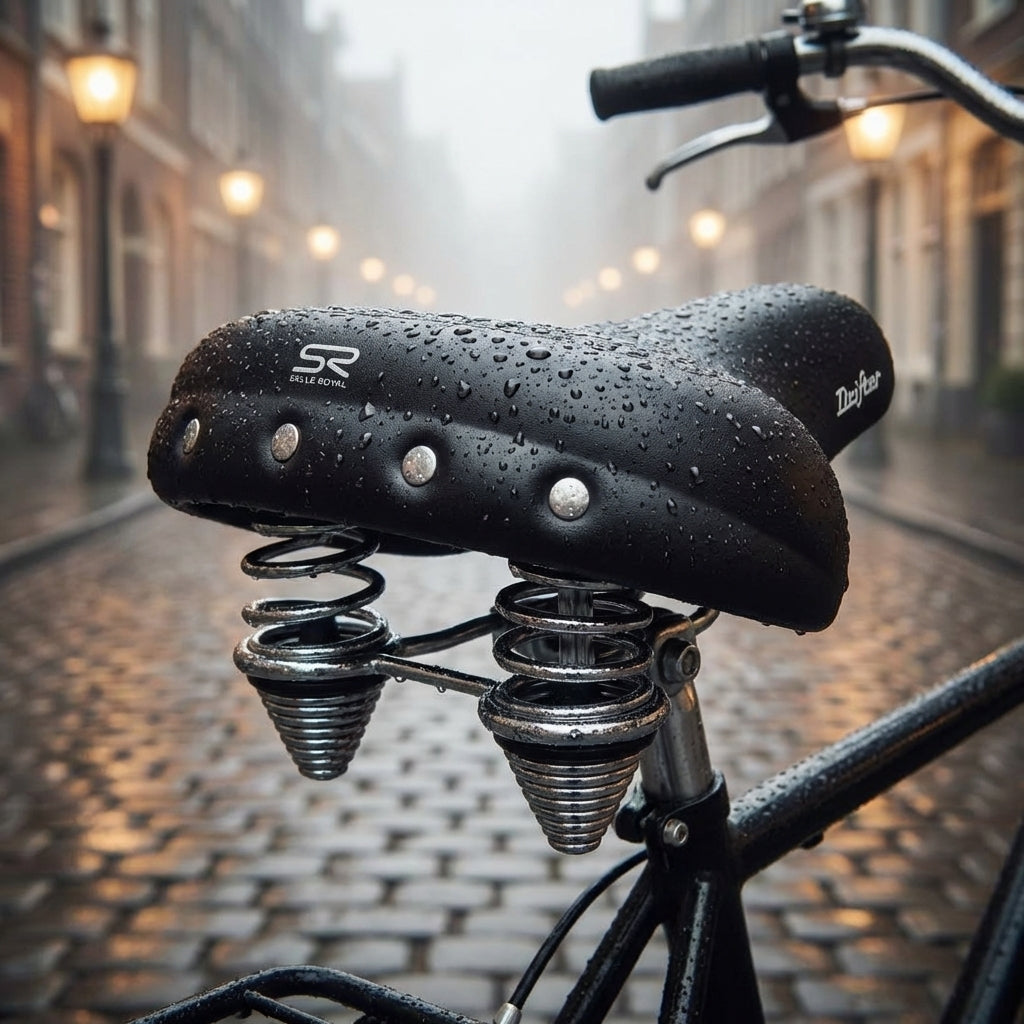 Selle Royal Drifter Strengtex Unisex Relaxed Sattel schwarz, nass, mit Federn auf Kopfsteinpflaster.