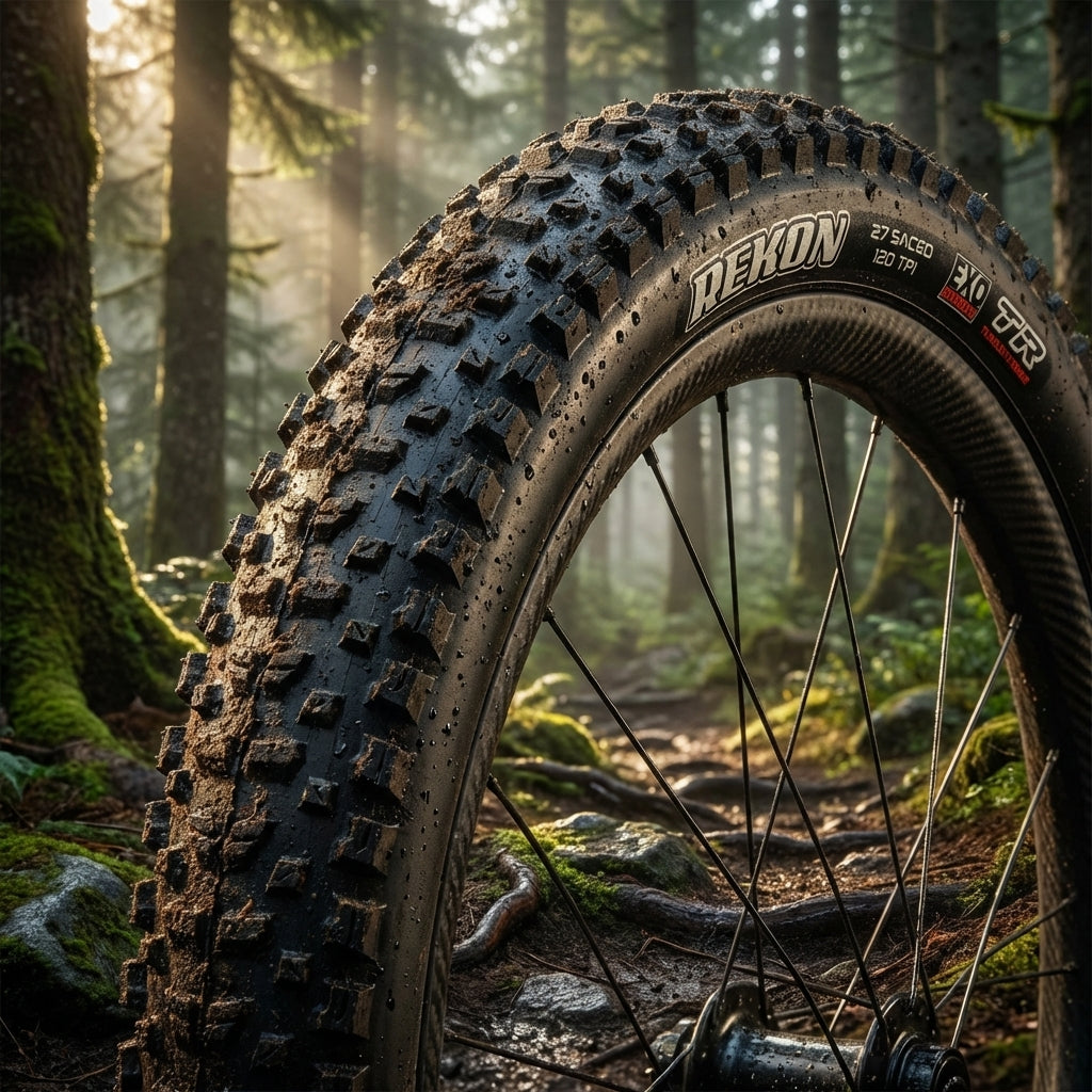 Maxxis Rekon 29x2.40 WT TLR Mountainbike Reifen in Schwarz auf einem Waldweg für All-Mountain Touren.