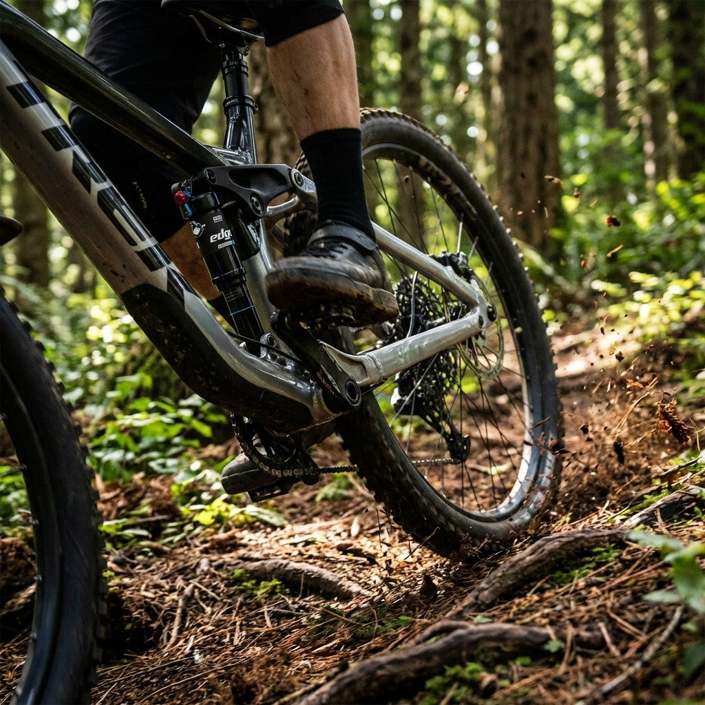 SR Suntour Dämpfer RS19 EDGE LOR am Mountainbike in Aktion auf Waldtrail, Schmutz spritzt.