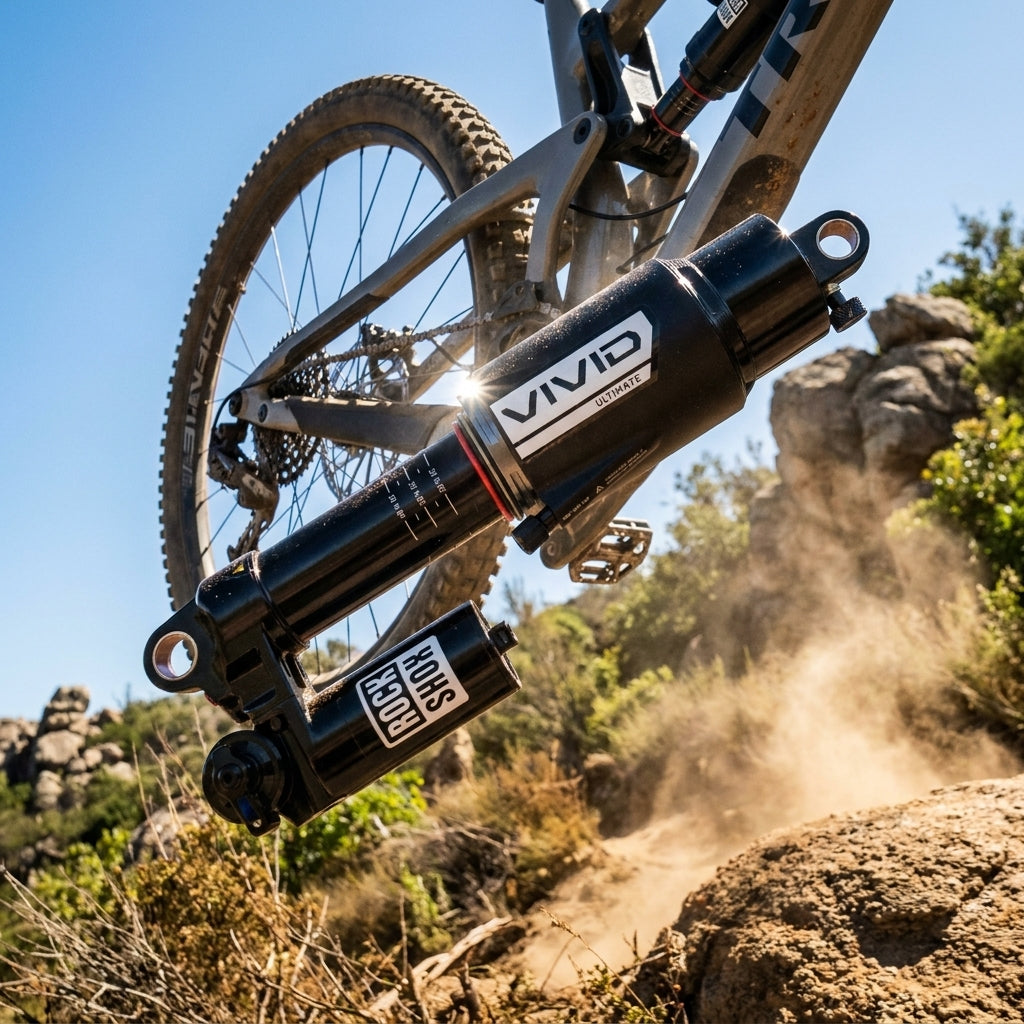 Rockshox Vivid Ultimate Dämpfer schwarz am Mountainbike in Aktion auf staubigem Trail unter strahlendem Himmel.