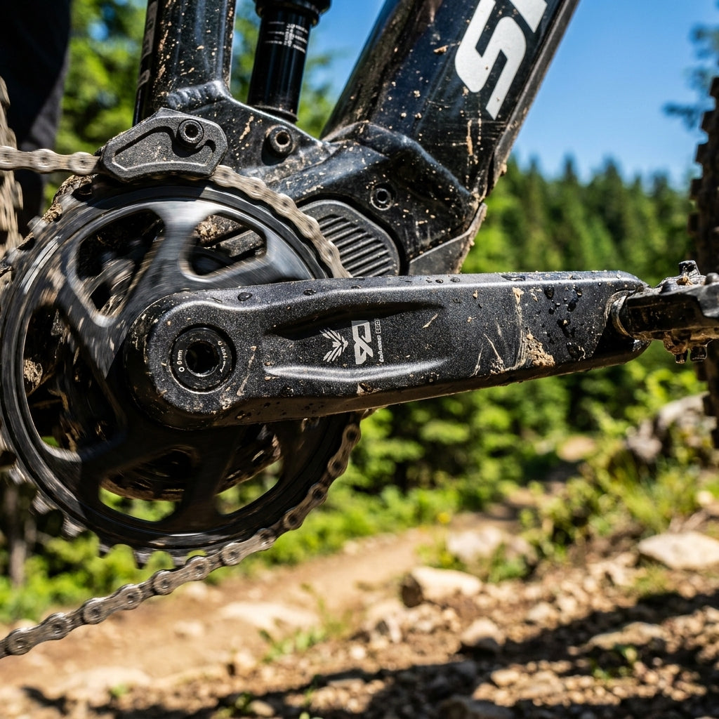 Robuste, schlammige SRAM Kurbelarme Eagle Brose E-MTB Kurbelgarnitur im Einsatz auf dem Mountainbike-Trail.