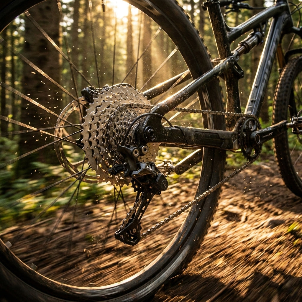SHIMANO DEORE XT CS-M771 10-fach 11-32 Kassette am Mountainbike in Bewegung auf Waldweg.