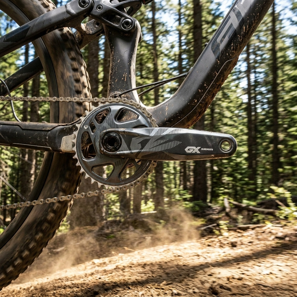 SRAM GX Eagle Boost DUB Kurbelgarnitur am Mountainbike auf staubigem Trail. Robuste 12-fach MTB-Performance.