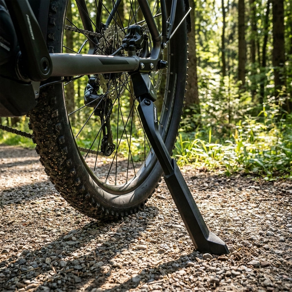 Merida EXPERT Mittelbauständer schwarz am E-Bike auf Schotterweg im Wald, stabil & verstellbar.