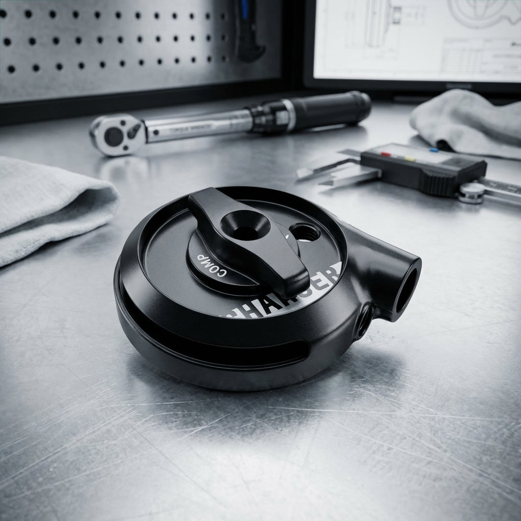 RockShox Remote Spool Kit Deckel SID-RLC B1, schwarz mit Hebel, auf Werkbank.