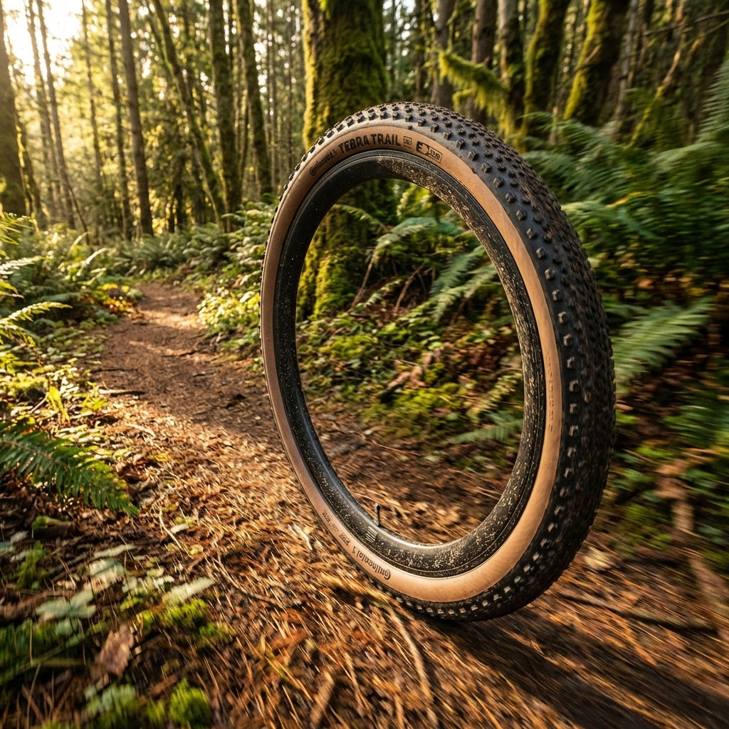 Continental Terra Trail Gravel Reifen mit beiger Flanke auf einem sonnigen Waldweg, dynamisch in Bewegung dargestellt.