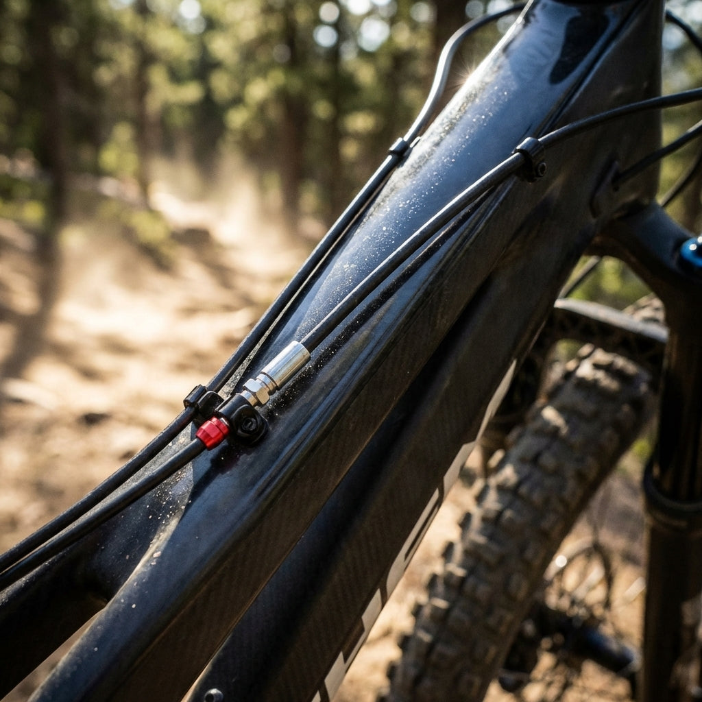 SRAM Guide Hydraulikleitung schwarz am Mountainbike auf dem Trail, für präzise Bremsperformance.