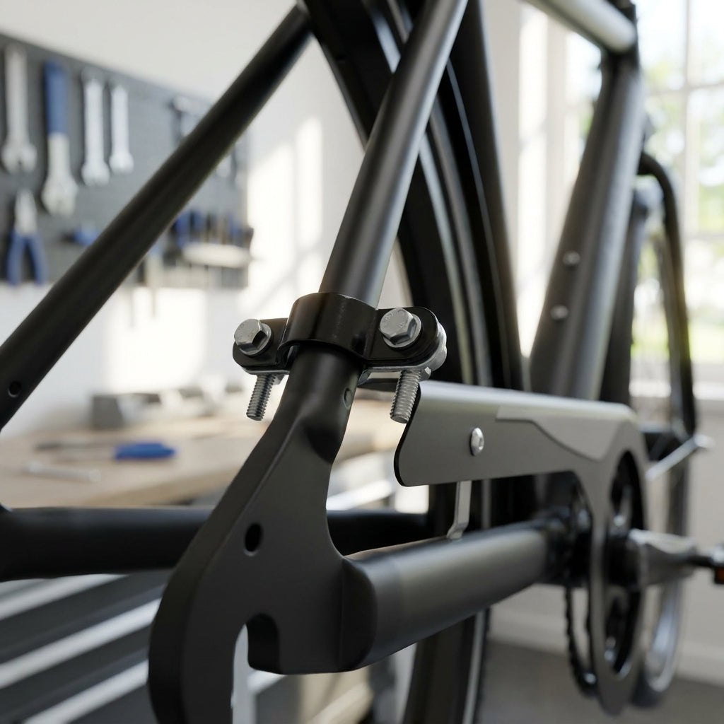 Hebie Kettenschutzhalter 980 aus Stahl am schwarzen Fahrrad hinten montiert.