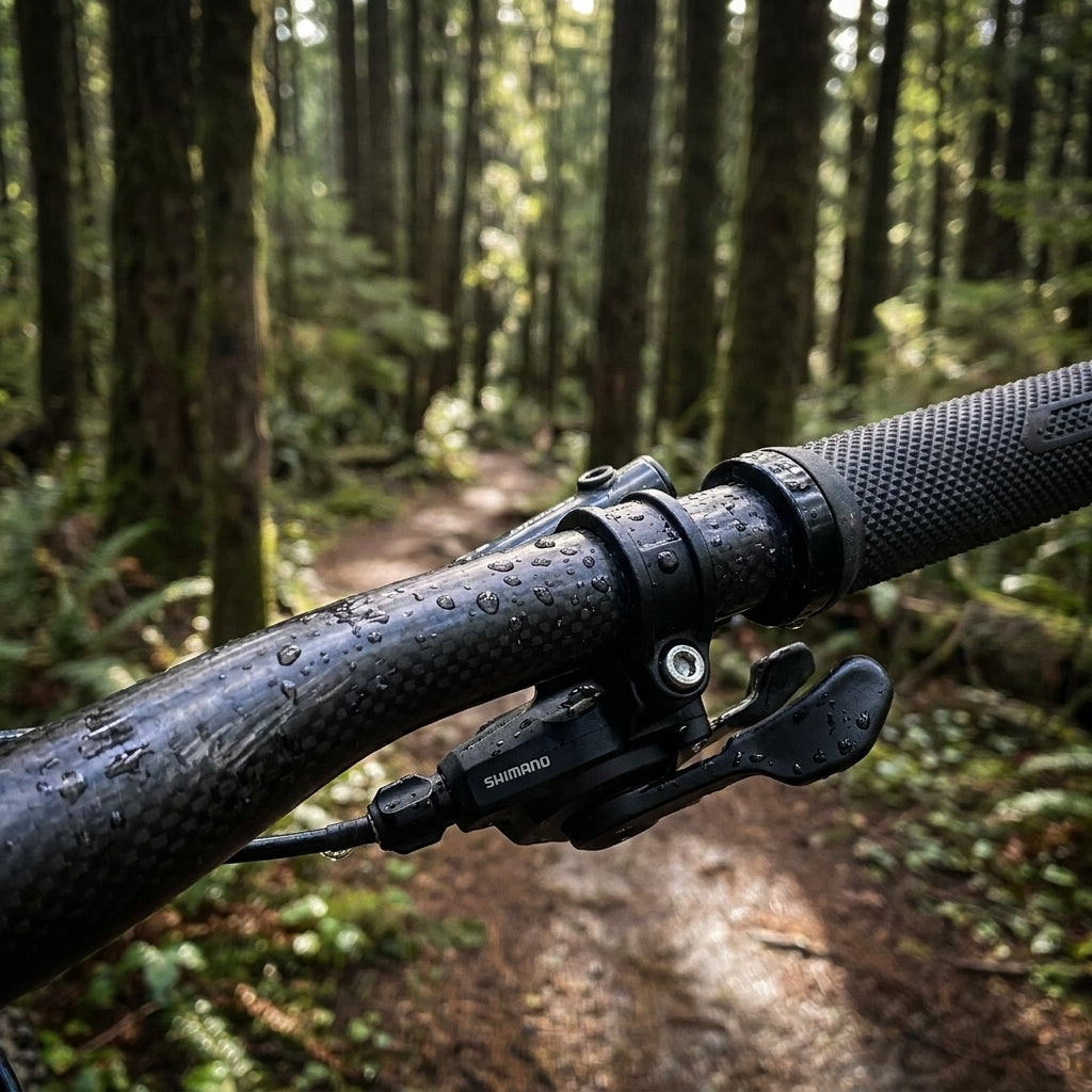 SHIMANO SL-M8000 Schalthebelhalterung an nassem Carbon-MTB-Lenker auf Waldweg.