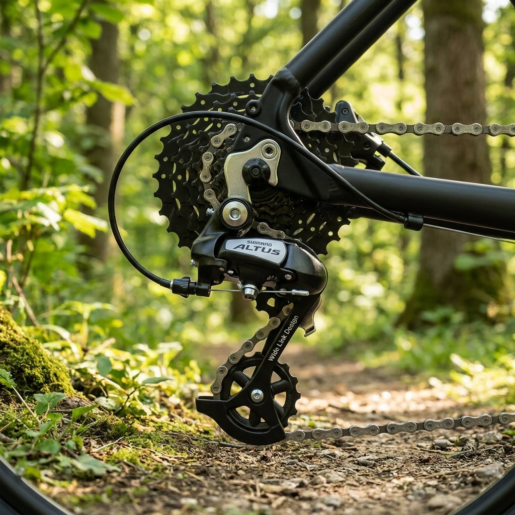SHIMANO ALTUS RD-M310 7/8-fach Schaltwerk mit Wide Link Design am Mountainbike auf Waldweg.