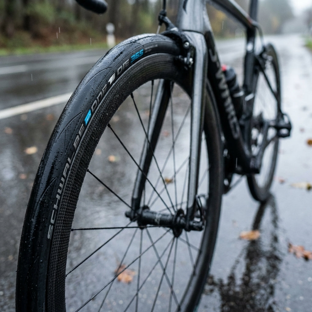 Schwalbe Faltreifen ONE 365 Performance Line Schwarz, sicherer Ganzjahres-Rennradreifen auf nasser Straße.