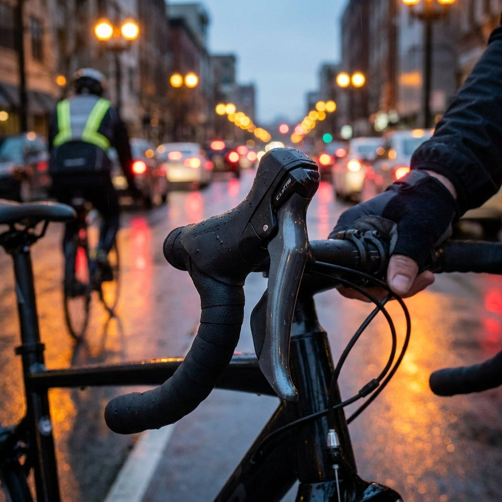 SHIMANO CLARIS BL-R2000 Rennrad Bremshebel rechts am Lenker im urbanen Regen.