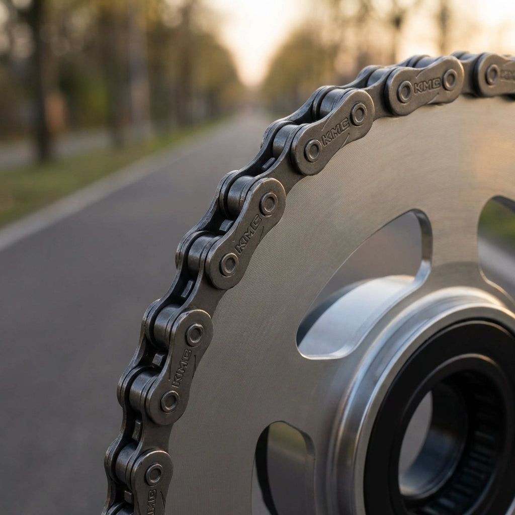 KMC Kette Z1eHX Narrow EP auf E-Bike Ritzel, Straße im unscharfen Hintergrund.