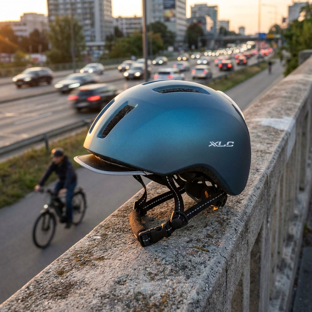 XLC Helm City BH-C24 metallic blau, urbaner Fahrradhelm mit Visier vor Stadtkulisse bei Sonnenuntergang.