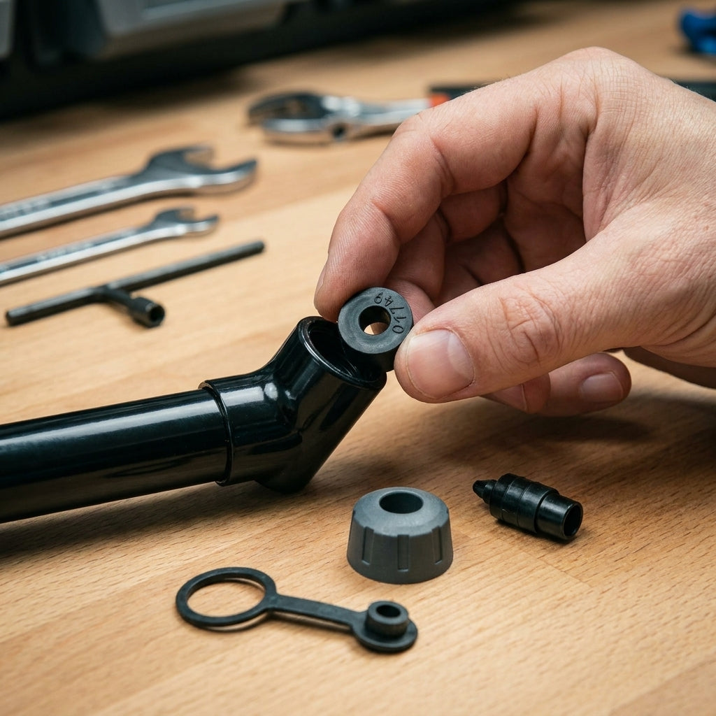 SKS Reparaturset für reversible Fahrradpumpenköpfe, zeigt Einzelteile zur Ventilwartung und Verlängerung der Pumpenlebensdauer.