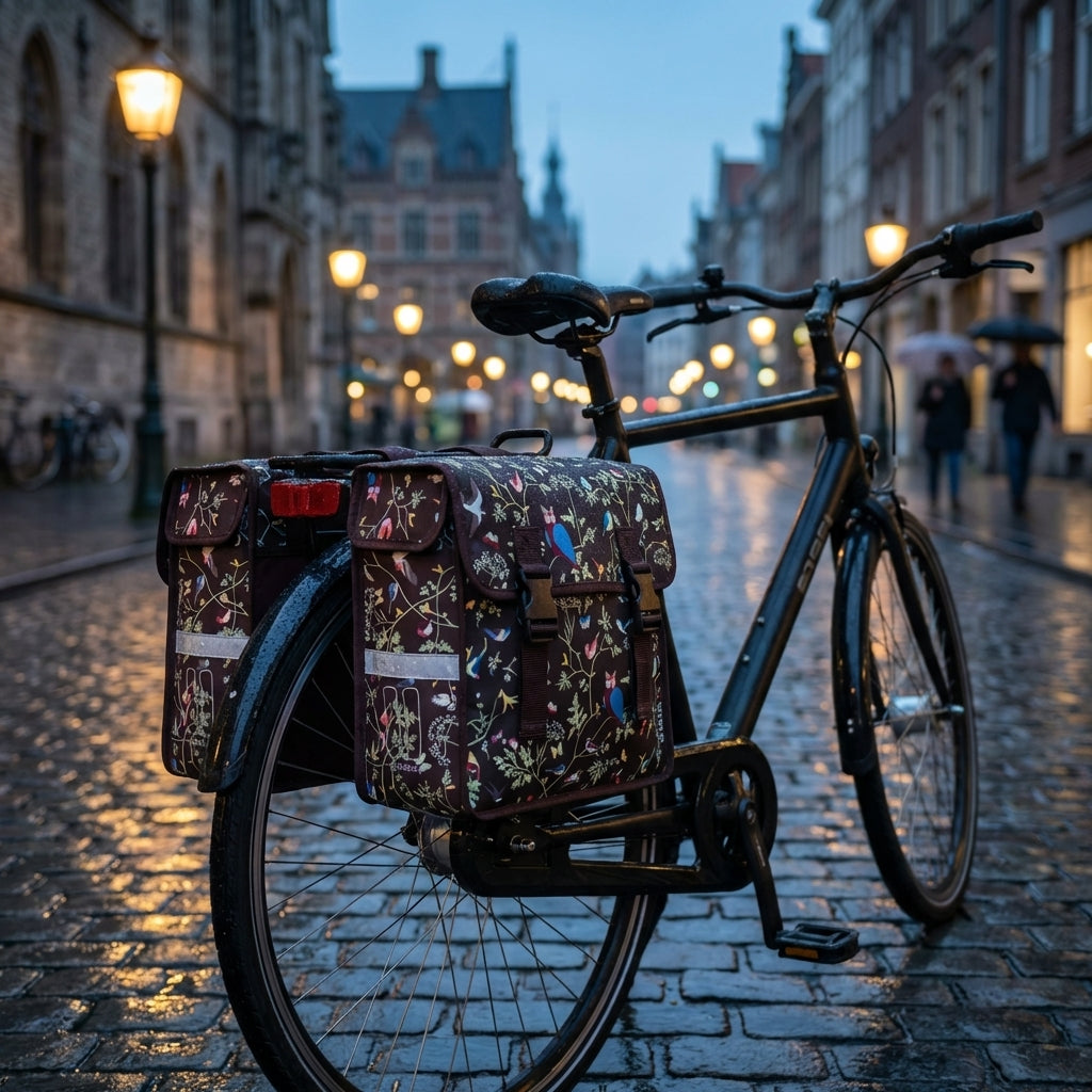 Basil Doppelpacktasche Wanderlust charcoal mit Vogelmuster und Reflexstreifen am Fahrrad auf nasser Straße.