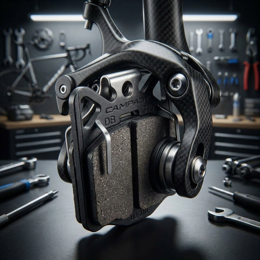 Campagnolo DB-310 Scheibenbremsbelag & Carbon-Bremssattel im Detail in Fahrradwerkstatt-Umgebung.