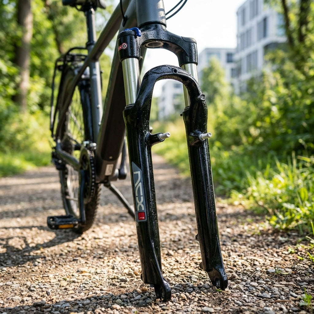 SR Suntour NCX D LO Federgabel schwarz 26 Zoll am Fahrrad auf Schotterweg.