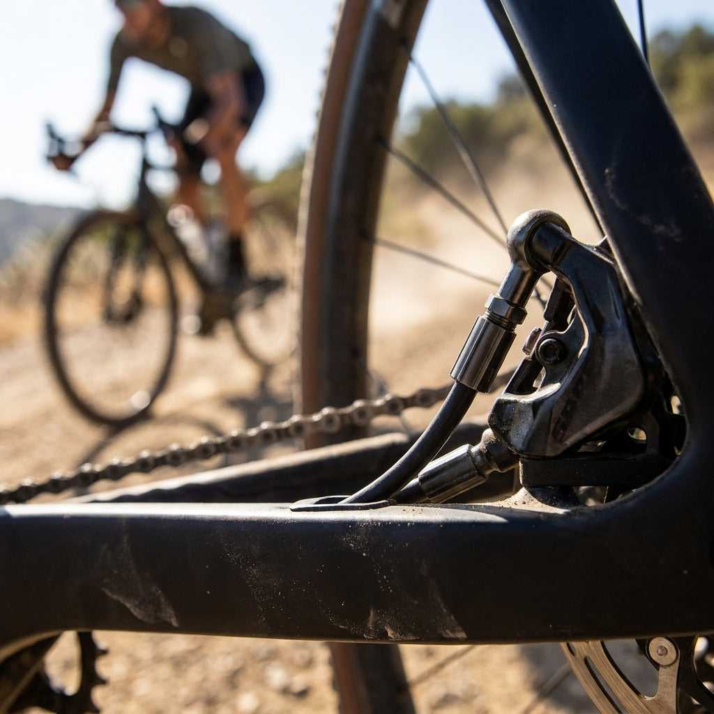 SRAM Hydraulikleitung Flat Mount für präzise Bremsperformance an hinterer Fahrradbremse, im Detail gezeigt.