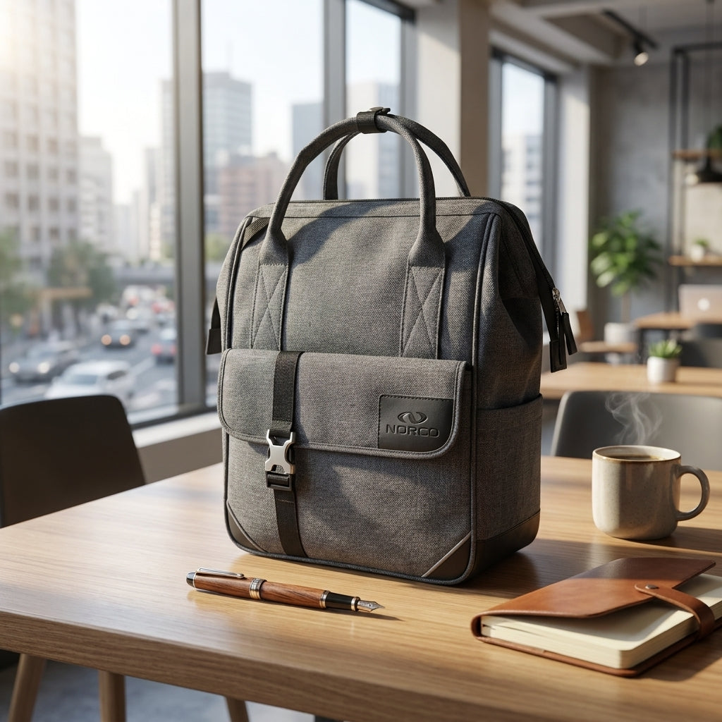 Norco Millfield City Tasche grau, 38x30x13cm, 12l, auf Holztisch. Perfekt für Pendler und den modernen Alltag.