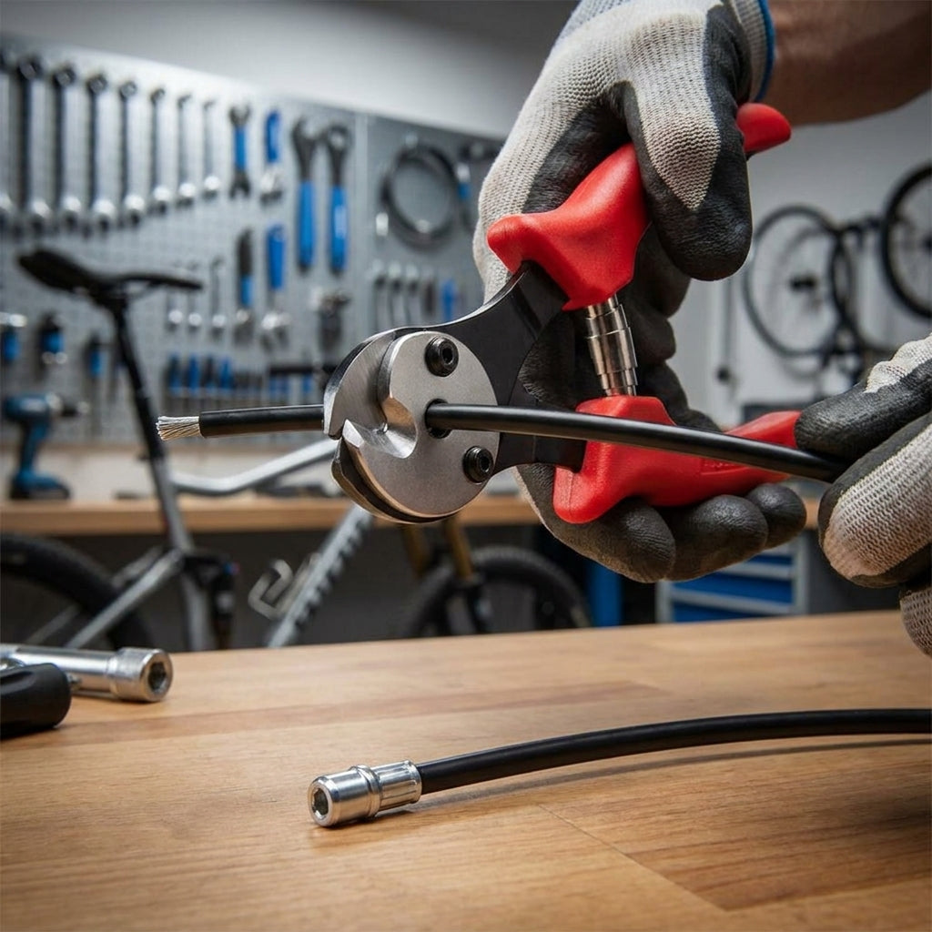 SRAM Kabelschneider Präzisionszange mit Crimpfunktion schneidet Bowdenzug in Fahrradwerkstatt.