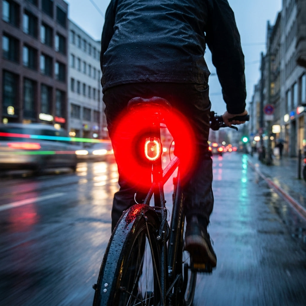 Busch&Müller Batterie-Diodenrücklicht Secula StVZO: helles Fahrradrücklicht an Radfahrer bei Regen.