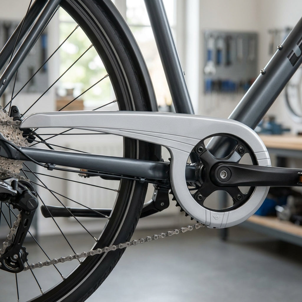 Hebie Kettenschutz 360 E2 silber 1-flügelig für 42 Zähne Kettenschaltung aus robustem Kunststoff am Fahrrad.