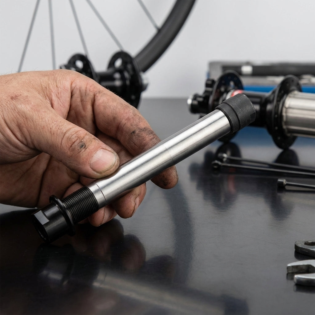 Silberne Novatec Ausgleichshülse für 4 in 1 Fahrradnabe (X12x142 mm) in der Hand eines Mechanikers, ultraleicht.