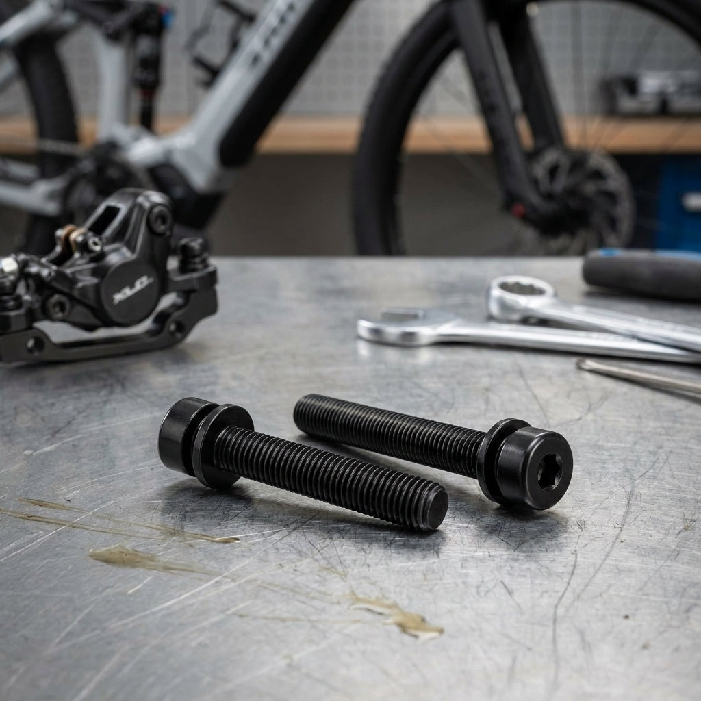 Zwei schwarze XLC Schraubenbolzen M5x34mm für Flatmountadapter auf Werkbank mit Fahrrad im Hintergrund.
