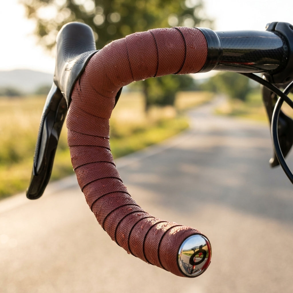 Prologo Lenkerband ONETOUCH NEUTRO rot Ziegelstein mit Stopfen auf Fahrradlenker, mit Tropfen.